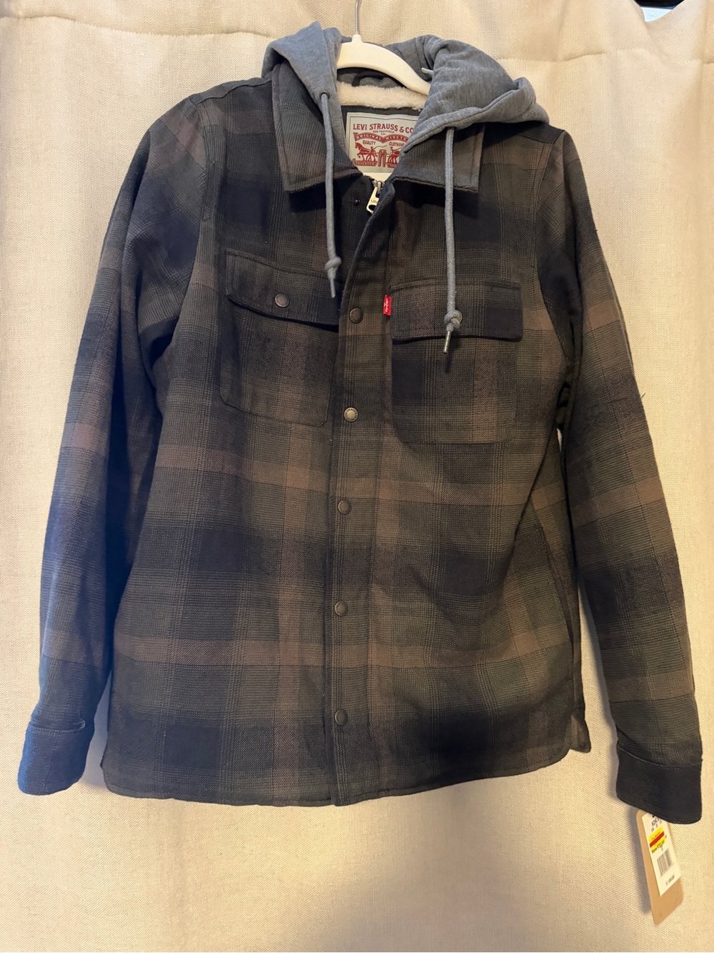 NWT Levi's Men's Black Plaid Sherpa-Lined Hooded Jacket